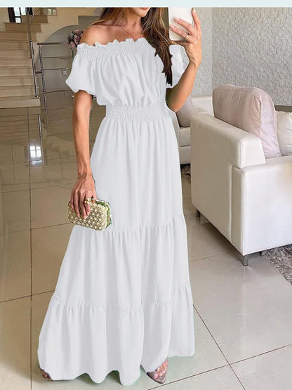 2024 Summer Solid Boho Dress Women Fashion Elegant Beach Party Dress Casual Slash Neck Office Maxi Dresses For Woman Robe Femme