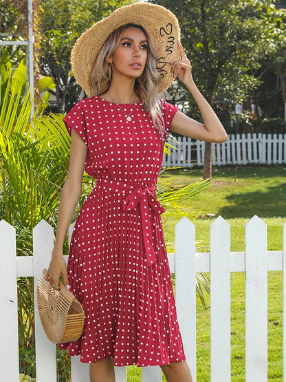 Women Short Sleeve Polka Dot Print Midi Dresses