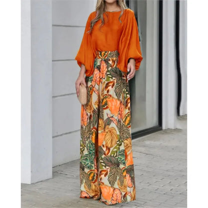 Women's Clothing Set Lantern Sleeves Loose Top Printed Wide Leg Pants Two Piece Set