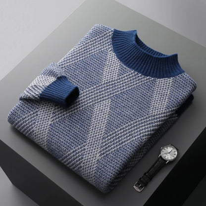 100% wool men's semi-high collar seats with jacquard stripes for business and leisure double-stranded thick sweater knitted coat