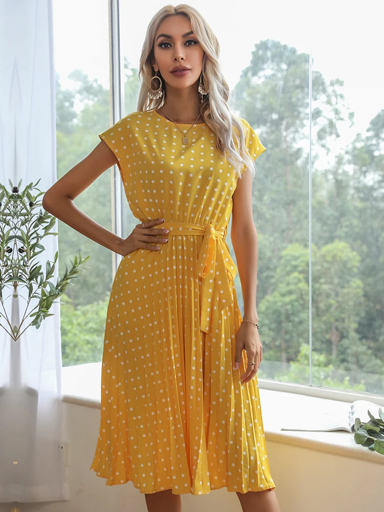 Women Short Sleeve Polka Dot Print Midi Dresses