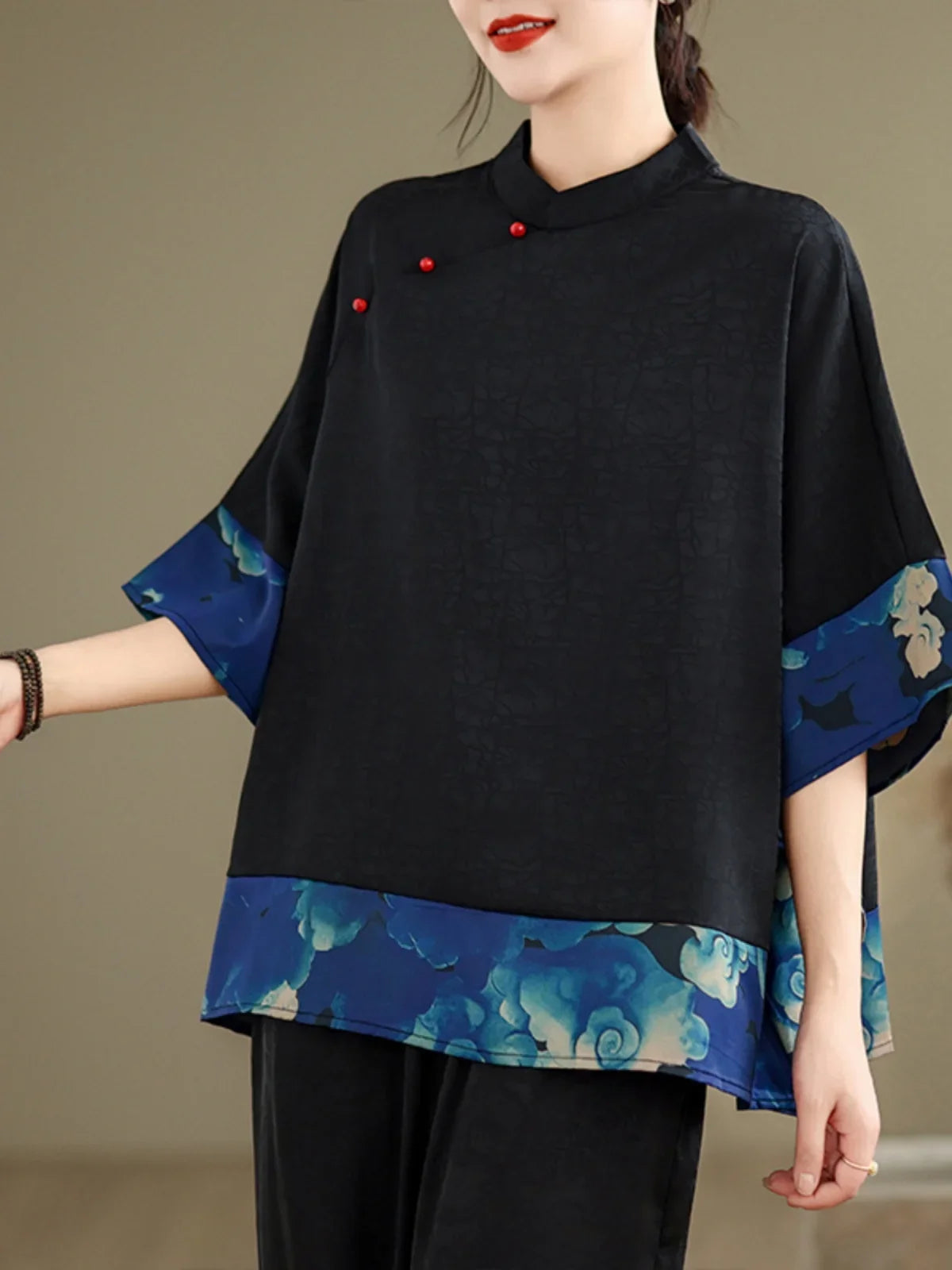 Mulberry Silk Chinese Style T-shirt for Women Spring Summer Fashion Vintage Patchwork Half Sleeve Cloud Embroidery Female Blouse