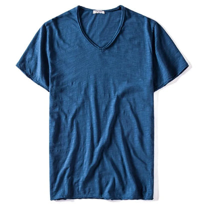 2021 New Summer V-neck T-shirt Men 100% Combed Cotton Solid Short Sleeve T Shirt Men Fitness Undershirt Male Tops Tees