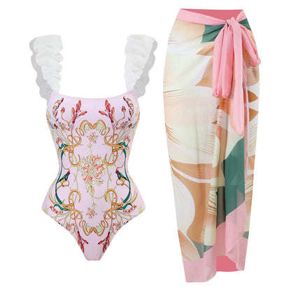 2024 New Sexy Push Up One Piece Swimwear Women Retro Print Biquini Skirt Cover Up Monokini Brazilian Swimming Suit Dress