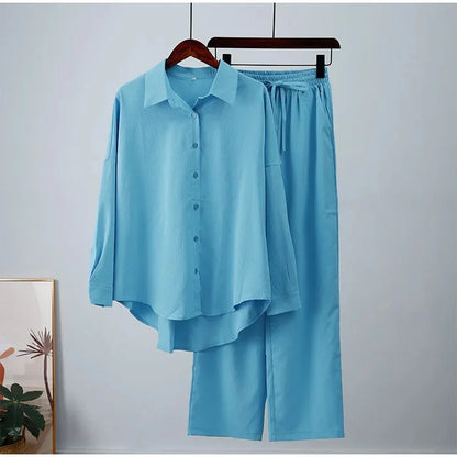 2024 New Style Amazon Autumn/Winter Cotton Linen Solid Color Loose-Fit Shirt Wide-Leg Trousers Casual Suit For Women