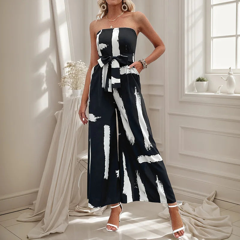 Women's Wide-leg Spliced Printed Strapless Jumpsuit