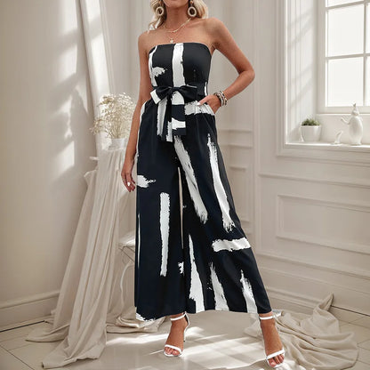 Women's Wide-leg Spliced Printed Strapless Jumpsuit