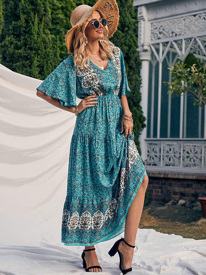Boho Retro Printed Long Beach Dress Summer Women Flare Short Sleeve V Neck Summer A-Line Dress 2022 Party Elegant Dress