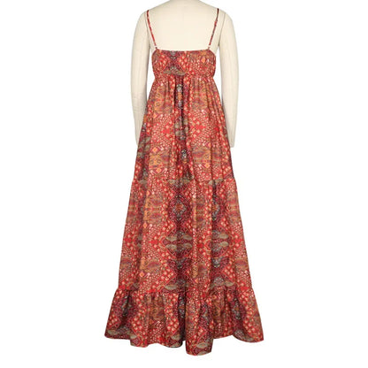 Vintage Printed Bohemian Women V-Neck Party Long Dresses Beach Elegant Sleeveless Spaghetti Strap Sexy Maxi Sundress