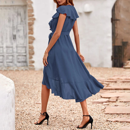 Women's Elegant Solid Ruffle Flying Sleeve Lace Up Skater Midi Dress Summer Ladies Party Holiday Casual Sundress Size S-2XL