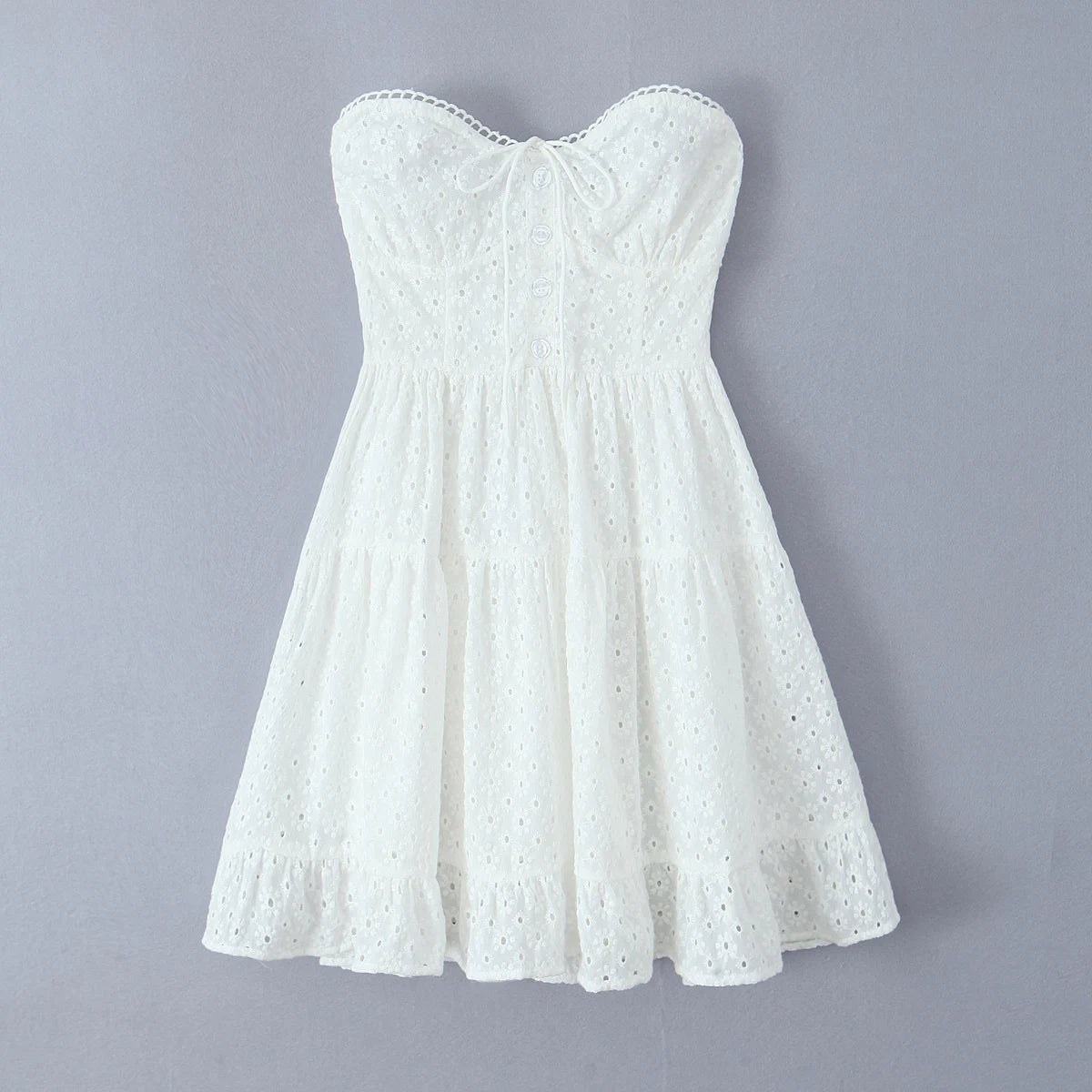 Evening Party Embroideryed Dress Elegant Summer Solid Color White Lace dress Off Shoulder Short Dress Front Tie Back Shirred