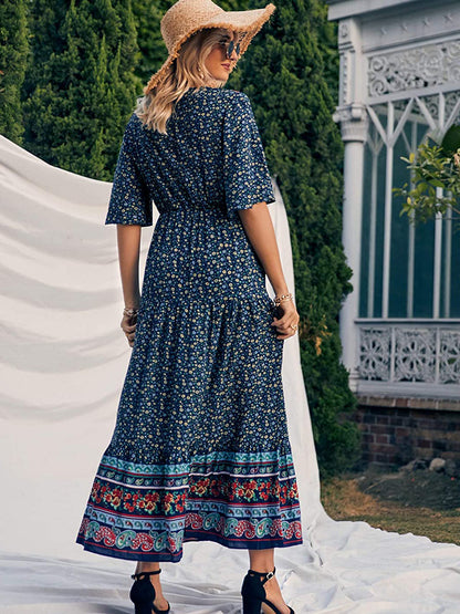 Boho Retro Printed Long Beach Dress Summer Women Flare Short Sleeve V Neck Summer A-Line Dress 2022 Party Elegant Dress