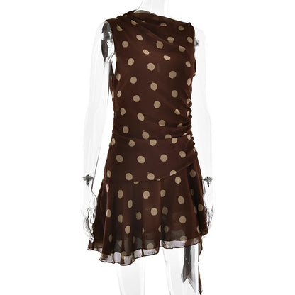 JULISSA MO Chiffon Print Polka Dot Ruched Women Dress Coffee Sleeveless High Waist Dress Spring Slim Elegant Party Club Outfits