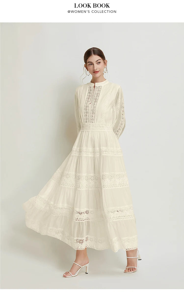 French Fashion Retro Dress Summer Clothing Lace Lace Splicing V-neck Design Lantern Sleeve Dress White Club Outfits for Women