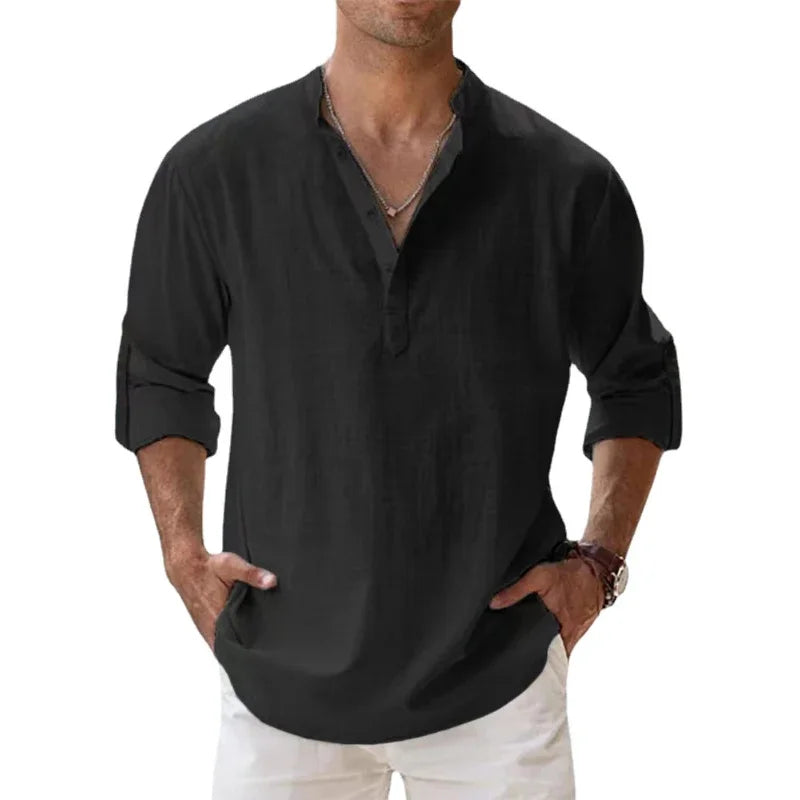Men Cotton Linen Long Sleeve Casual Lightweight Henley Beach Hawaiian Shirt