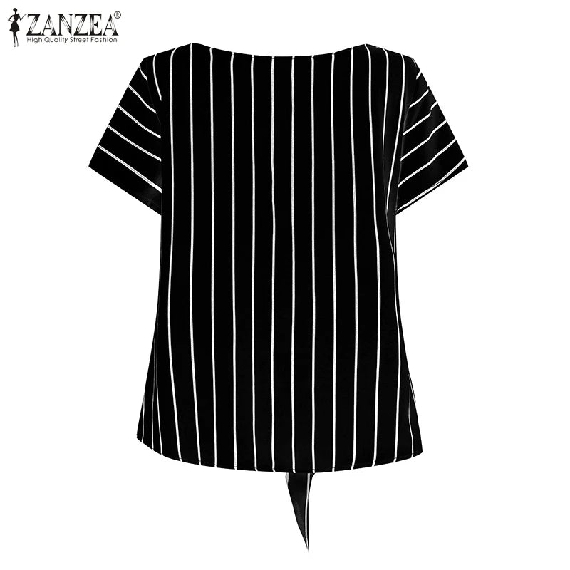 ZANZEA Women Fashion Tie-Front Striped Blouses 2025 Summer Stylish V-Neck Short Sleeve Tops Elegant Casual Commute Blusas Mujer