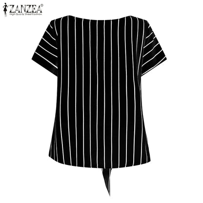 ZANZEA Women Fashion Tie-Front Striped Blouses 2025 Summer Stylish V-Neck Short Sleeve Tops Elegant Casual Commute Blusas Mujer