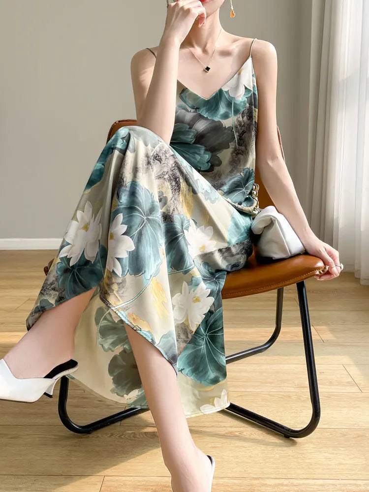 2024 Spring and Summer New Women's Dress Colorful Flower Suspender Skirt Satin Silky Dress Cool and Comfortable