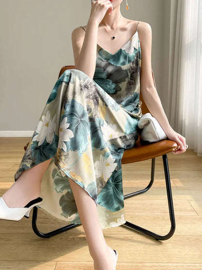 2024 Spring and Summer New Women's Dress Colorful Flower Suspender Skirt Satin Silky Dress Cool and Comfortable