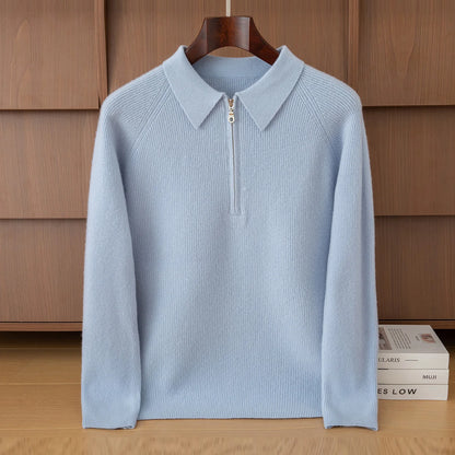 Luxury 100% Merino Wool Sweater for Men Half Zipper Polo Collar Pullover Autumn Winter Cashmere Thick Knitwear Smart Casual Top