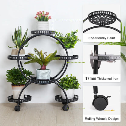 unho 6 Potted Metal Plant Stand Garden Cart Wrought Iron Flower Pots Rack Holder Display Shelf with Wheels for Patio Porch