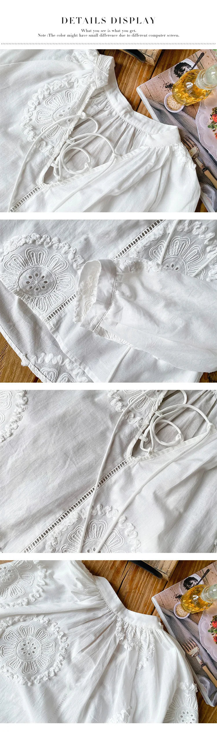 2025 Spring New Women's French White Shirt Splicing Lace Embroidery Design Ladies Shirt Long Sleeve Casual Holiday Beach Tops