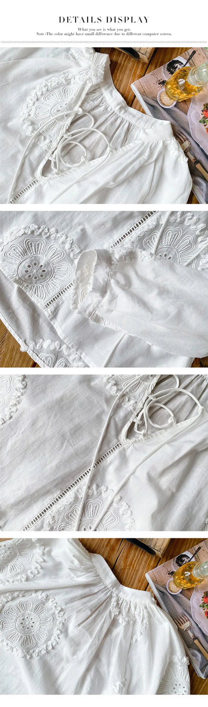 2025 Spring New Women's French White Shirt Splicing Lace Embroidery Design Ladies Shirt Long Sleeve Casual Holiday Beach Tops