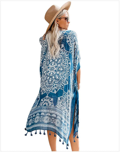 European and American seaside vacation print tassel cover up casual medium length loose beach dress for women