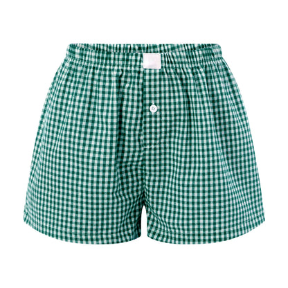 Women’s Y2K Retro Cleanfit Plaid Print Elastic Low Waist Button Front Aesthetic Loungewear Loose Shorts Boxers Streetwear