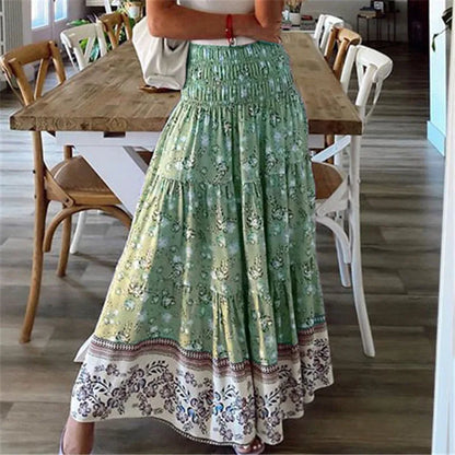 Boho Casual Print Maxi Skirt Women Summer Fashion Sexy High Waist Skirts Womens 2024 Pink Beach Floral A-line Long Skirts Femme