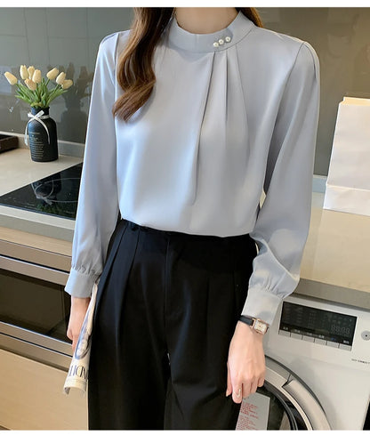 Spring Autumn Satin Women's Blouses 2025 New Long Sleeve Beading Solid Stand Collar Workwear Office Lady Elegant Shirt Female
