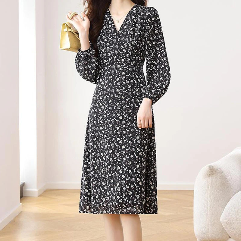 EVNISI Women V-neck Floral Printing Chiffon Dress Chic Slim Office A-line Dresses Long sleeves Women Party Vestido 2024 Autumn