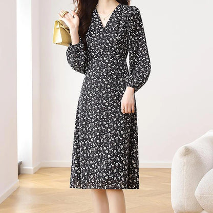 EVNISI Women V-neck Floral Printing Chiffon Dress Chic Slim Office A-line Dresses Long sleeves Women Party Vestido 2024 Autumn