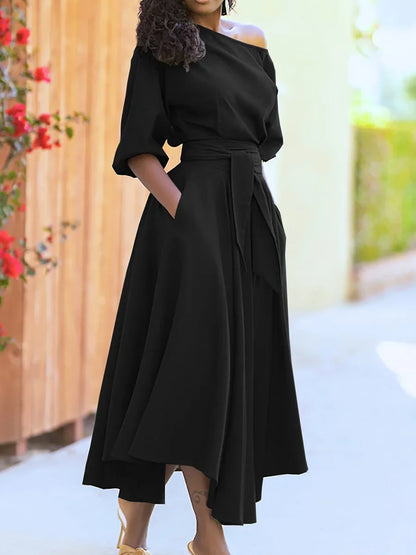 Women's S-2XL Size New Slanted Shoulder Collar Tie Waist Style Solid Color Dress Leopard print maxi dresses for women