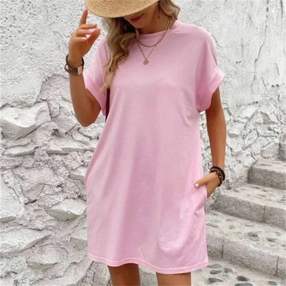 Fashion Solid Color Side Pocket Dresses Women Korean O Neck Pullover Dress Summer Female Comfortable Commuter Casual Short Gown