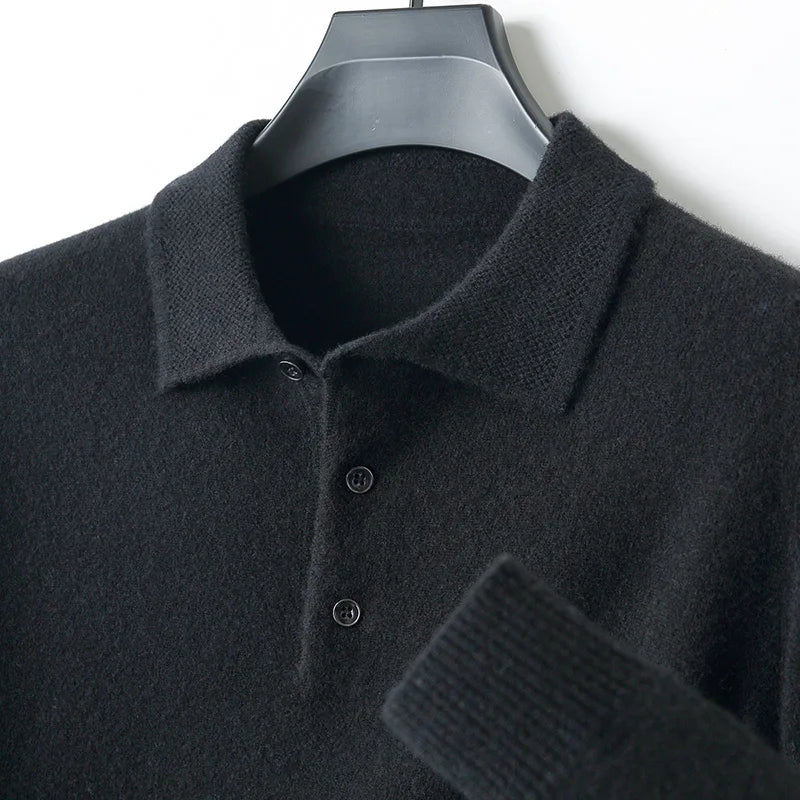 LHZSYY 100%Merino Wool Hot Cardigans Men Lapel Pullover Long Sleeve POLO Neck Sweaters Loose Tops Knit Clothing Large Size Shirt