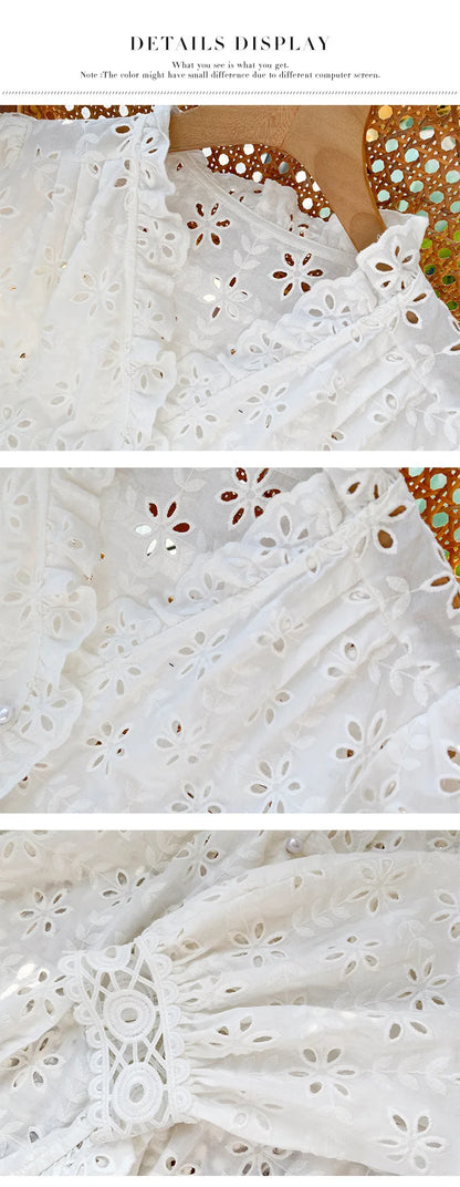 2025 Spring New Women's French White Shirt Splicing Lace Embroidery Design Ladies Shirt Long Sleeve Casual Holiday Beach Tops