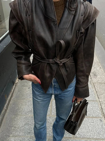 Brown Lapel Leather Bomber Jacket Women's Fashion Full Sleeve Zipper Pocket Lace Up Belt Coat 2025 Autumn High Street Outerwear