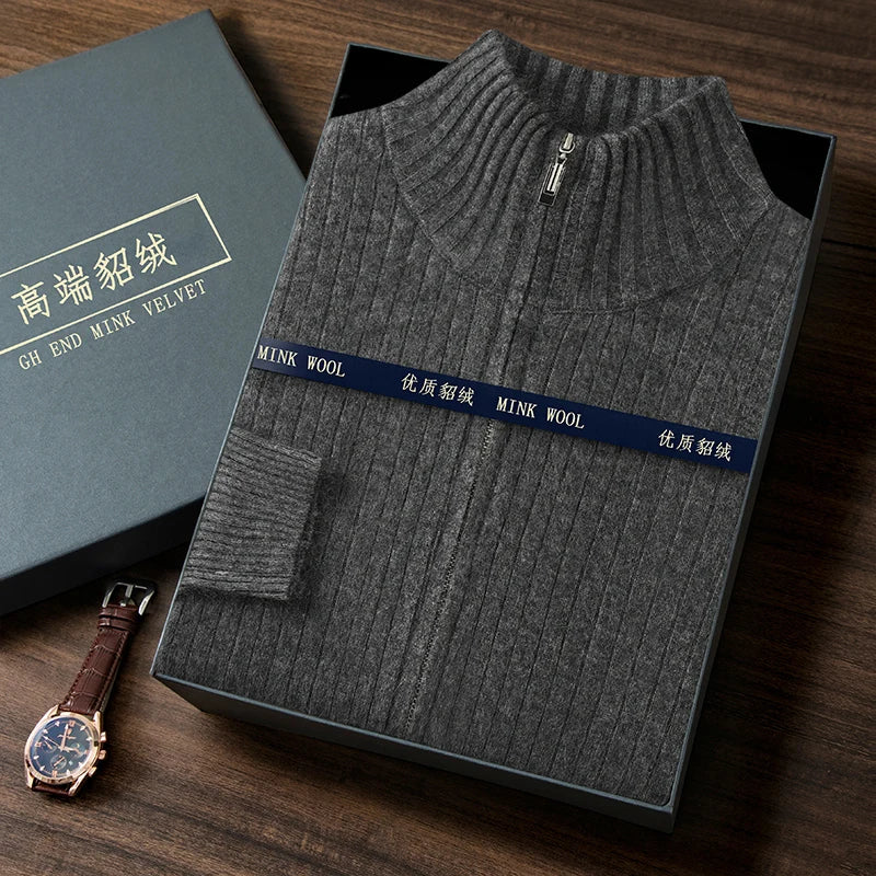 S-XXXL New Men's Knitted Cardigan 100% Mink Cashmere Sweater Business Long Sleeve Men's Half High Collar Sweater Regular style