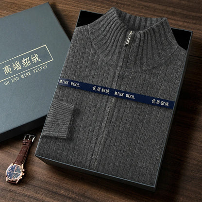 S-XXXL New Men's Knitted Cardigan 100% Mink Cashmere Sweater Business Long Sleeve Men's Half High Collar Sweater Regular style