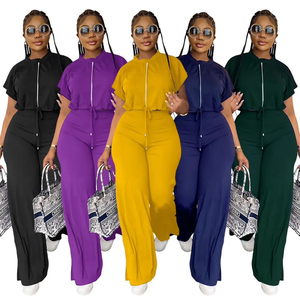 Women Short Sleeve Top & High Waist Pants Set