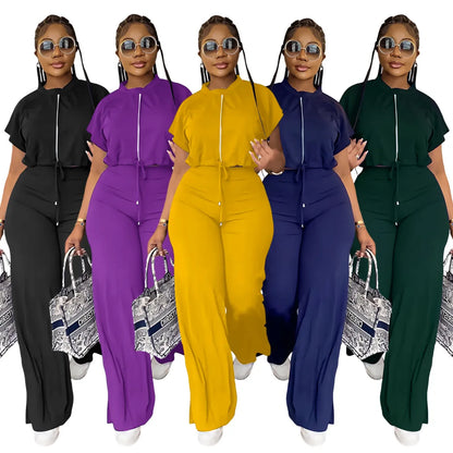 Women Short Sleeve Top & High Waist Pants Set