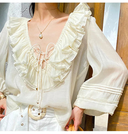 2025 Spring New Women's French White Shirt Splicing Lace Embroidery Design Ladies Shirt Long Sleeve Casual Holiday Beach Tops
