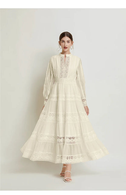 French Fashion Retro Dress Summer Clothing Lace Lace Splicing V-neck Design Lantern Sleeve Dress White Club Outfits for Women