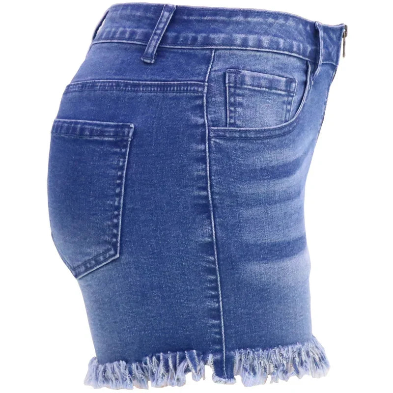 Fashion Front Zipper Open Crotch Denim Shorts Women Casual High Waist Color Contrast Patchwork Female Tassel Three Quarter Pants