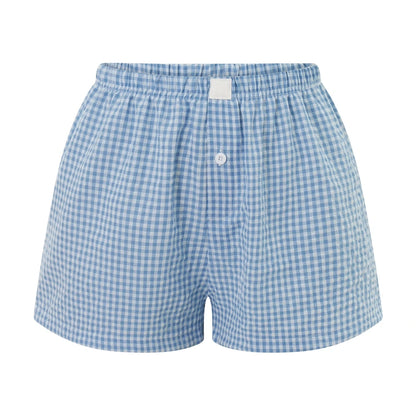 Women’s Y2K Retro Cleanfit Plaid Print Elastic Low Waist Button Front Aesthetic Loungewear Loose Shorts Boxers Streetwear