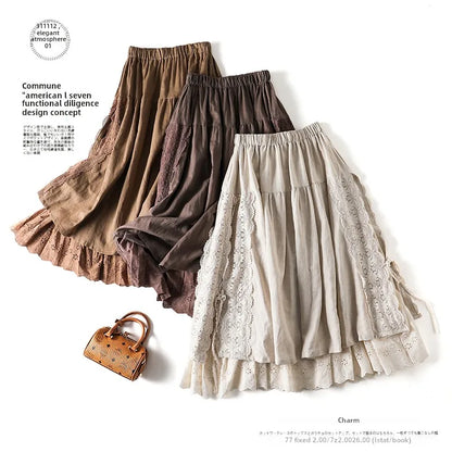 Sweet Sle Linen Skirt with Belt And Elastic Waist Heavy Embroidery Japanese Brand Women's Fashion Commute High Waist Long A...