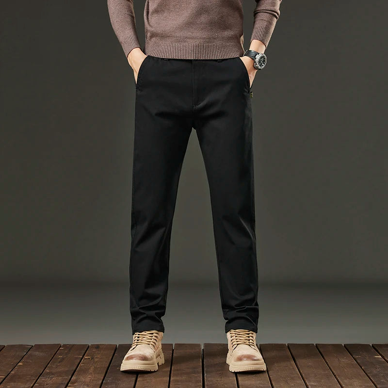 Threeproof Men's Pants Straight Fit Cotton Casual Trousers Male Elastic Waist Stretch Spring Antifouling Work Business Oil Proof