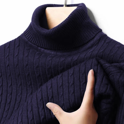 Autumn Men's Ribbed Turtleneck Sweater Warm Fitted Knitted Pullover Sweatesr Jacquard Striped Casual Long Sleeves Basic Top