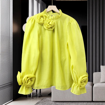 Spring 2024 French Style Shirt Women Three-dimensional Flowers Patchwork Colored Blouse Solid Long Sleeve Women Top 42927